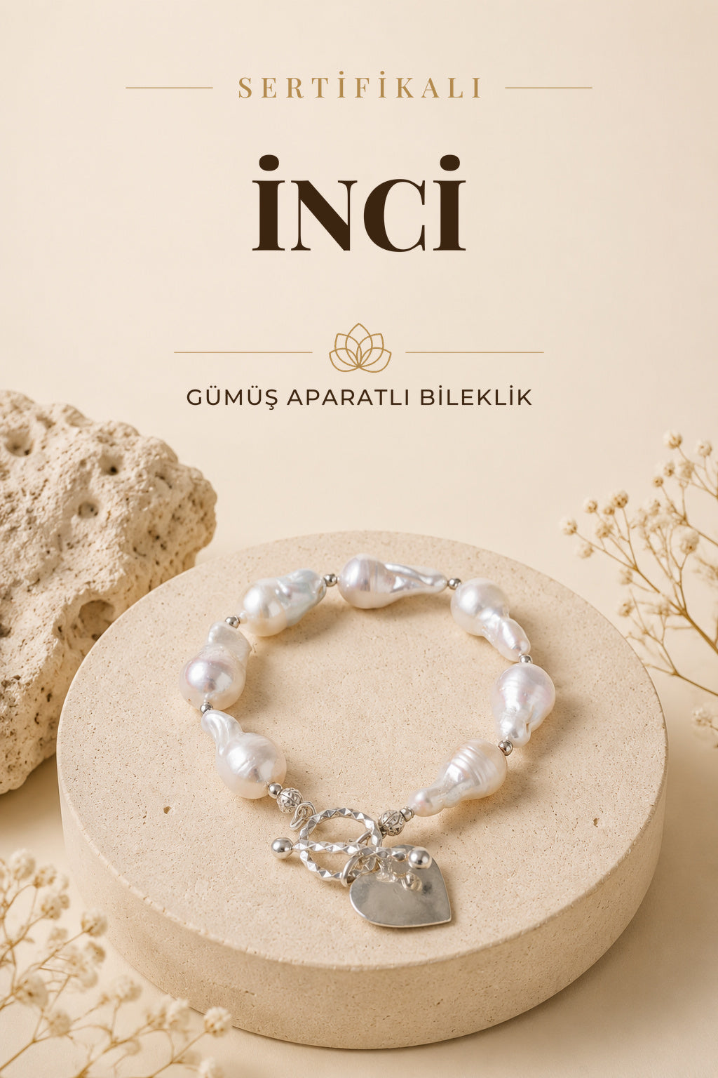 Sertifikalı İnci Doğal Taş Gümüş Aparatlı Bileklik ODT032