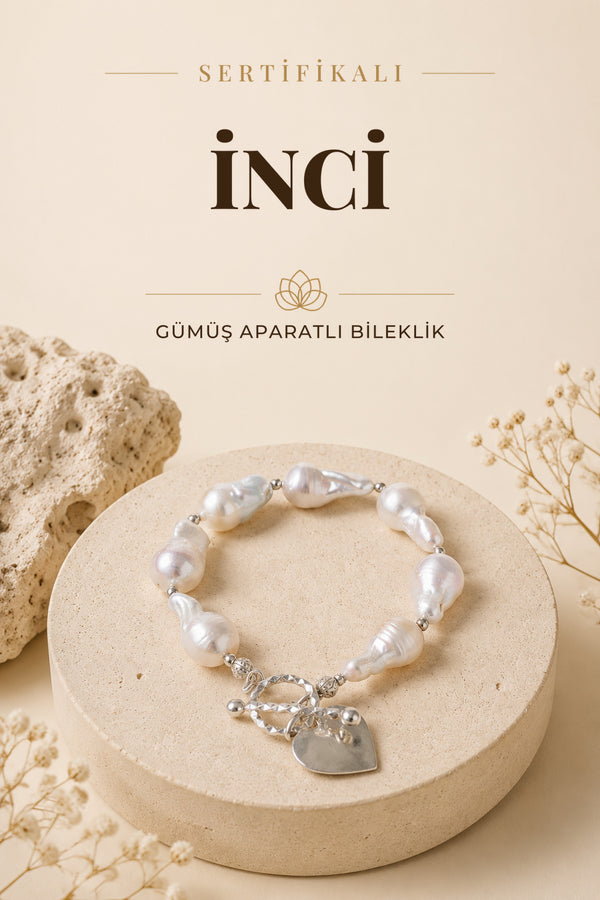 Sertifikalı İnci Doğal Taş Gümüş Aparatlı Bileklik ODT032