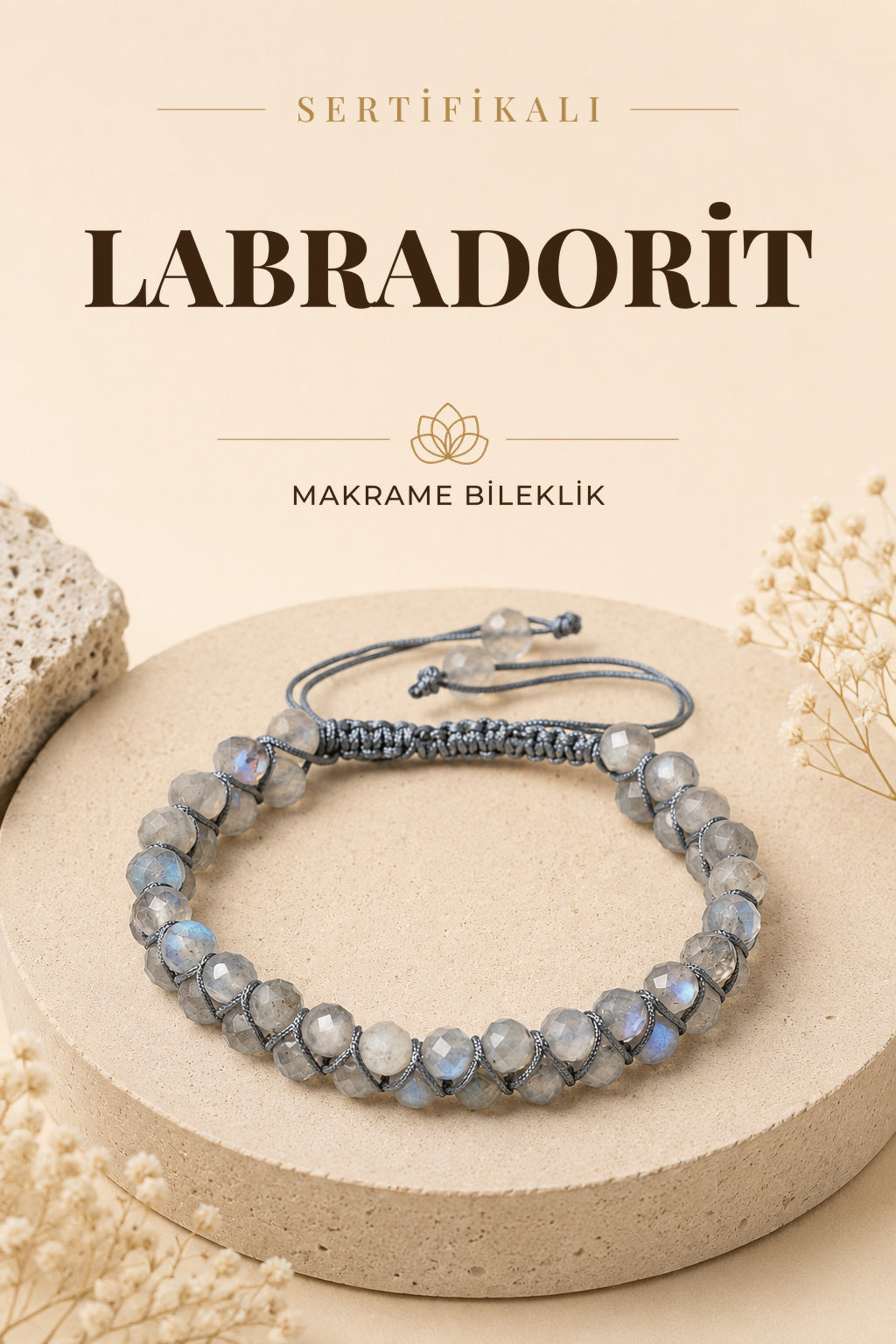 Sertifikalı Labradorit Doğal Taş Çift Sıra Makrome Bileklik ODT030