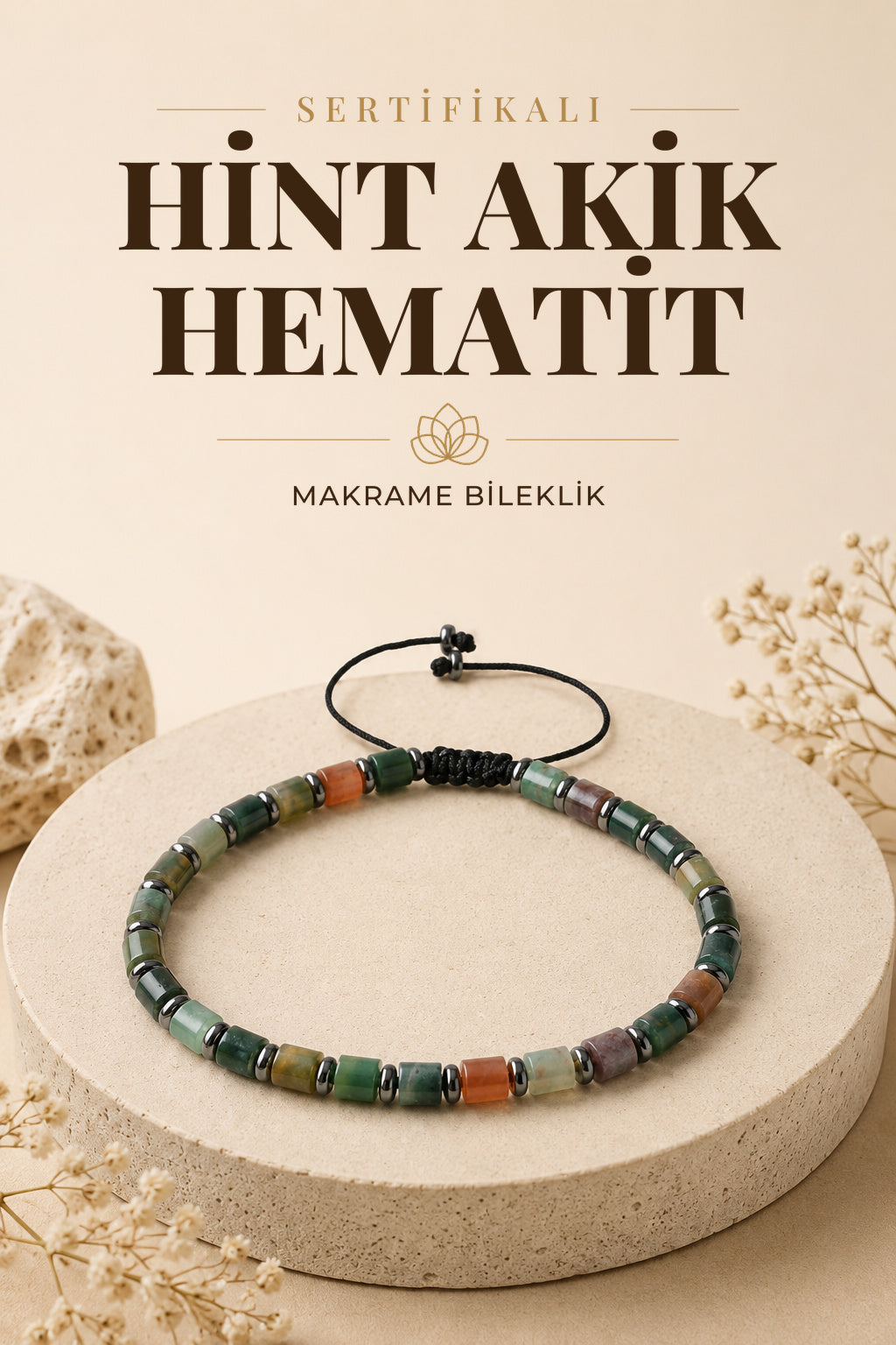 Sertifikalı Hint Akik-Hematit Doğal Taş Makrome Bileklik ODT029