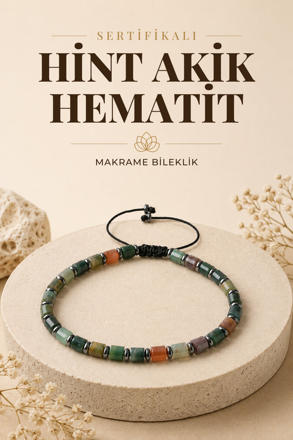 Sertifikalı Hint Akik-Hematit Doğal Taş Makrome Bileklik ODT029