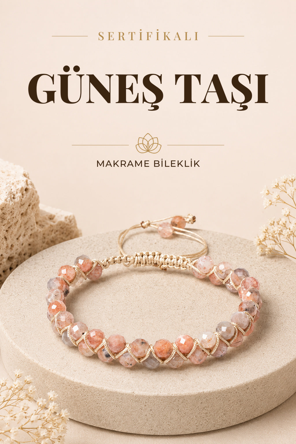 Sertifikalı Güneş Taşı Doğal Taş Çift Sıra Makrome Bileklik ODT027