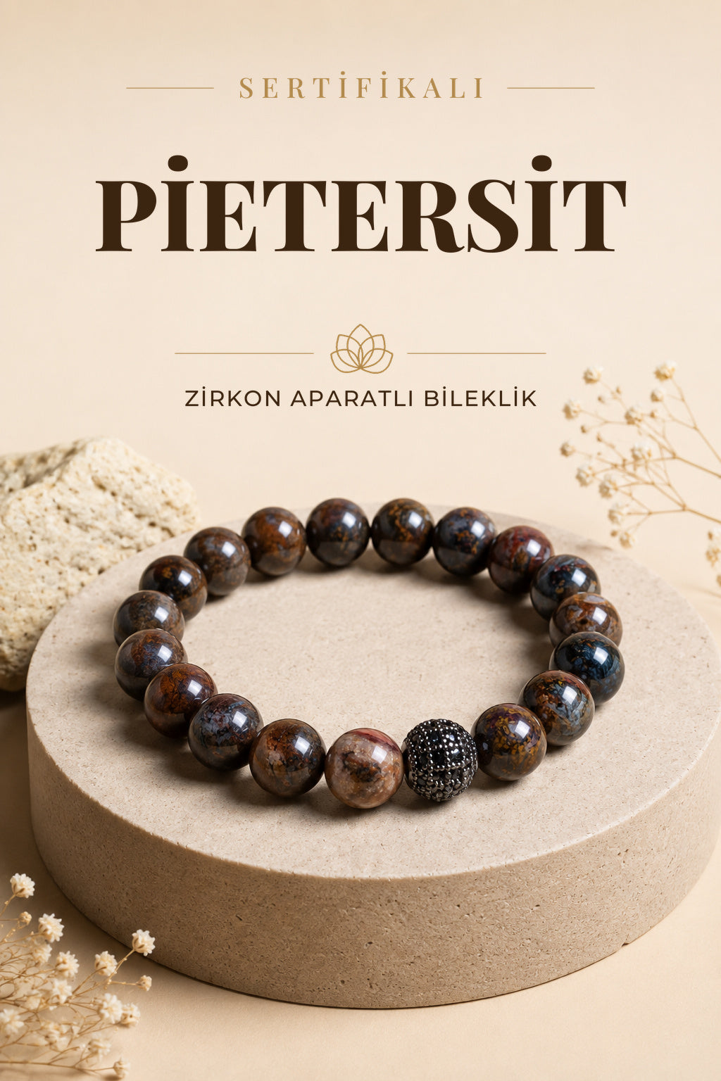 Sertifikalı Pietersite Doğal Taş Zirkon Aparatlı Bileklik ODT026