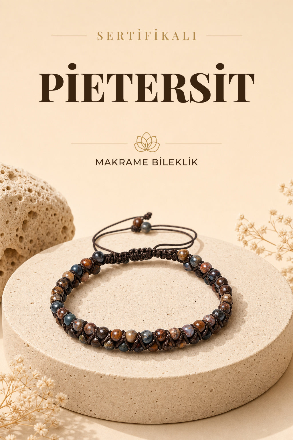 Sertifikalı Pietersite Doğal Taş Çift Sıra Makrome Bileklik ODT023