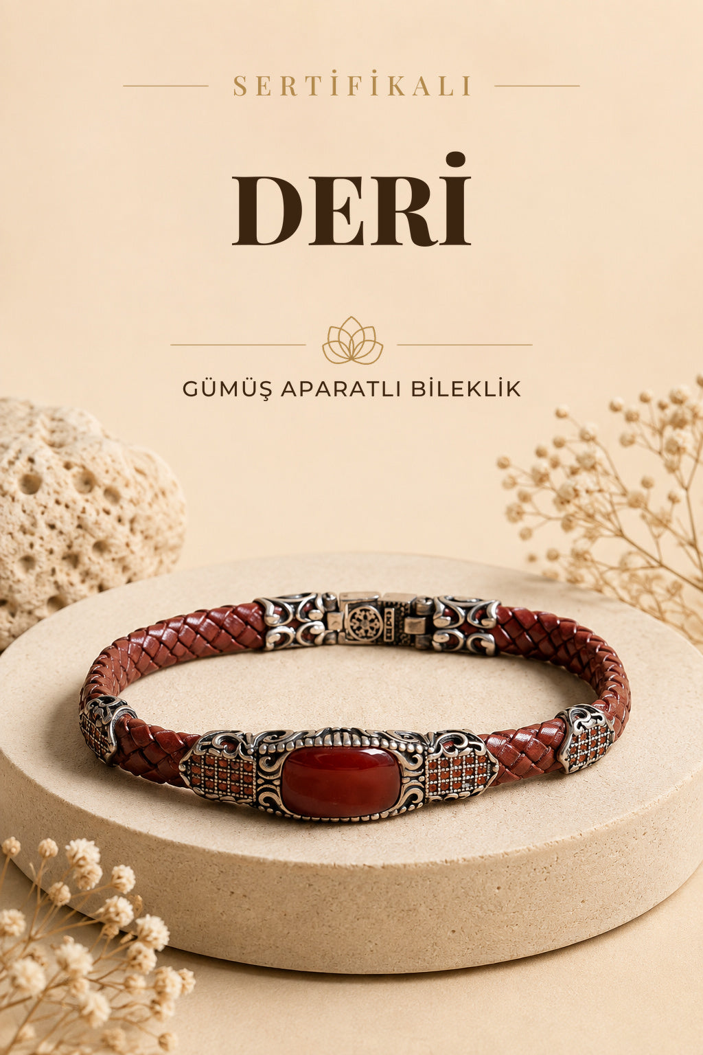Sertifikalı Deri Gümüş Aparatlı Doğal Taş Bileklik ODT021