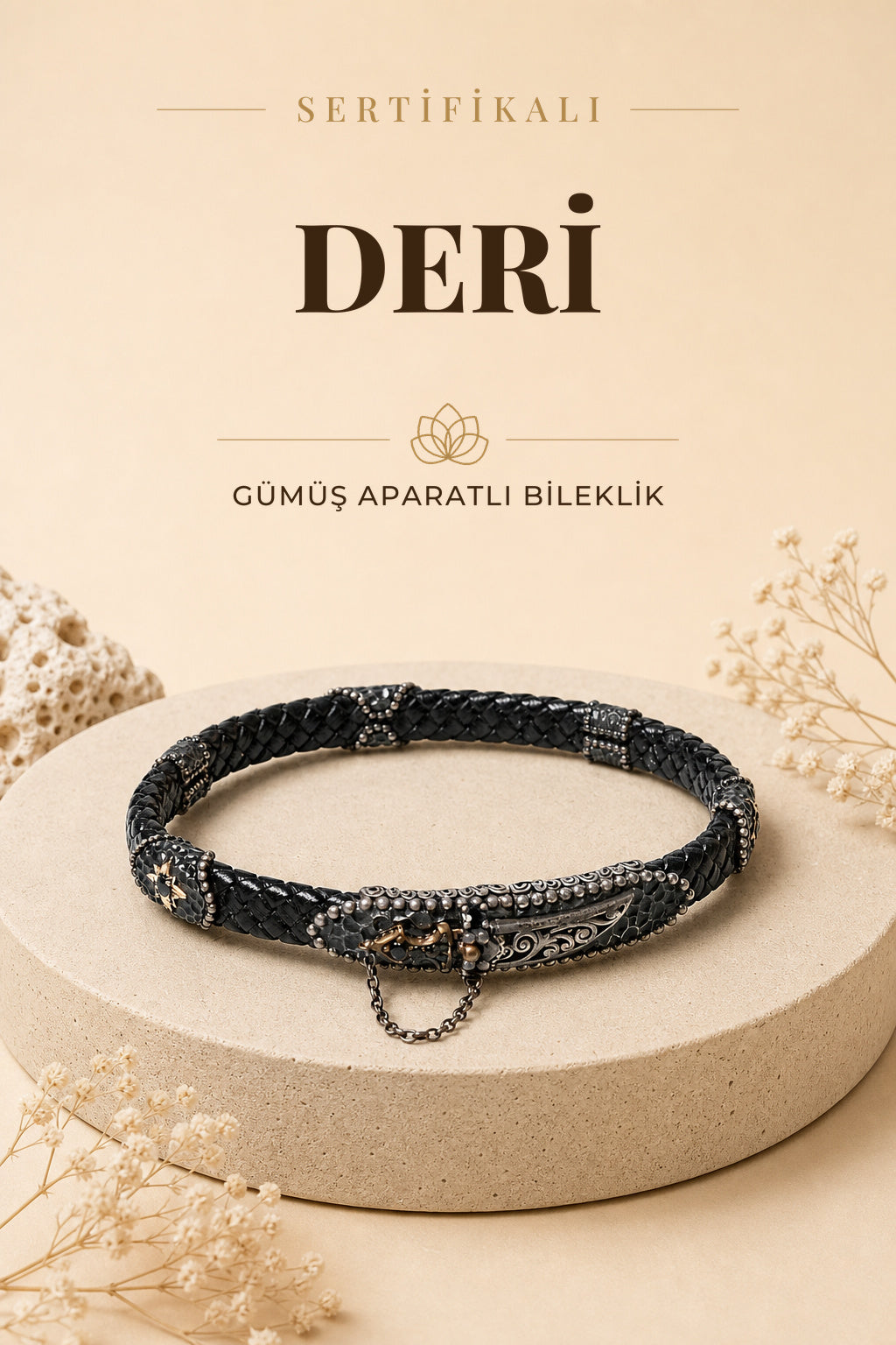 Sertifikalı Deri Gümüş Aparatlı Doğal Taş Bileklik ODT020