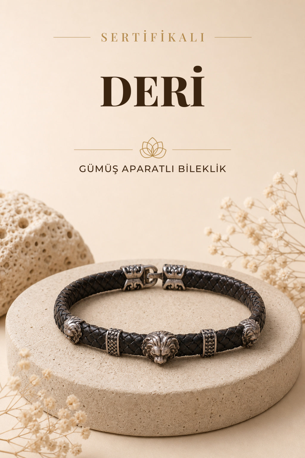 Sertifikalı Deri Gümüş Aparatlı Doğal Taş Bileklik ODT016