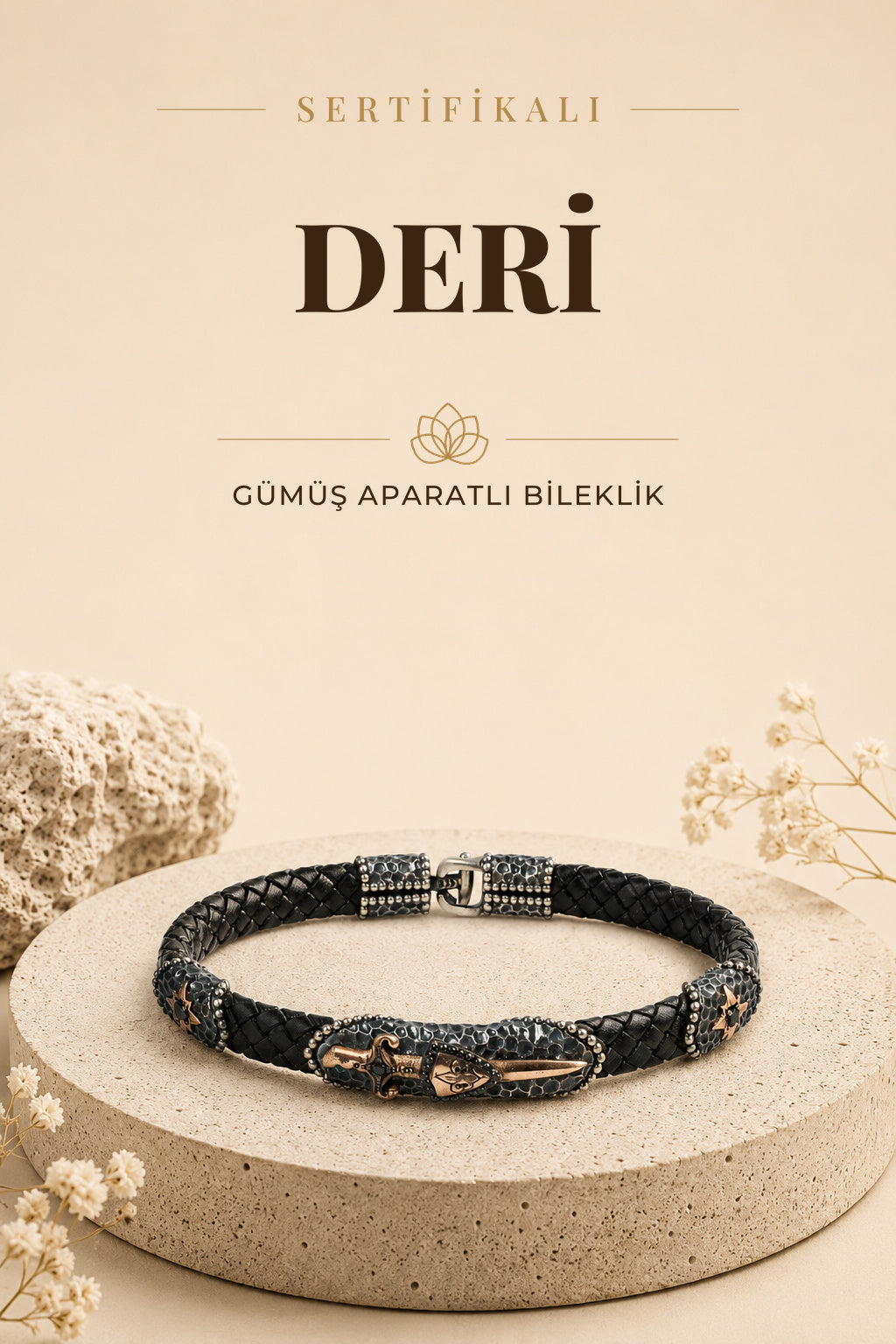 Sertifikalı Deri Gümüş Aparatlı Doğal Taş Bileklik ODT015