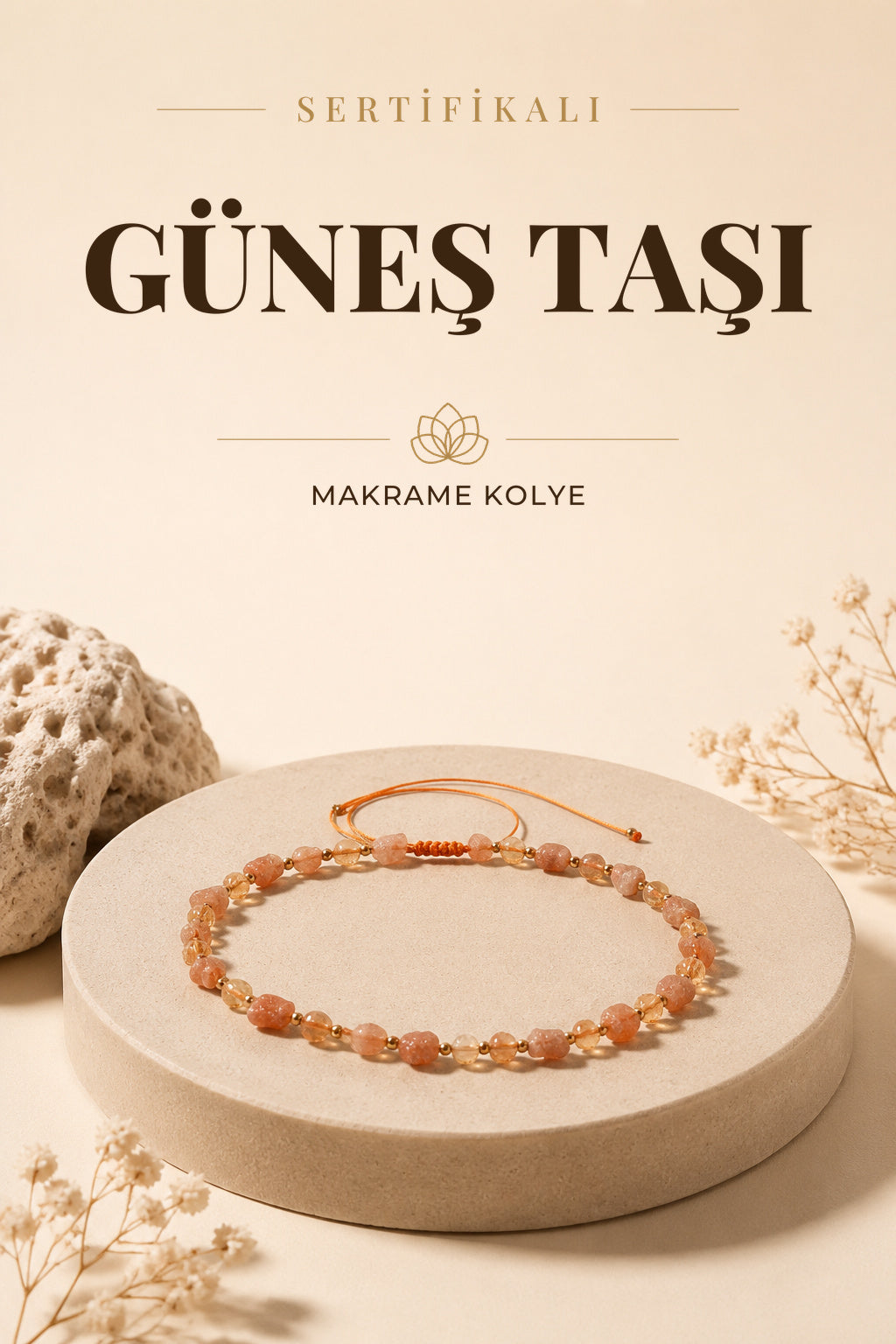 Sertifikalı Doğal Taş Güneş Taşı-SitrinNaturel Kesim Makrome Kolye ODT014