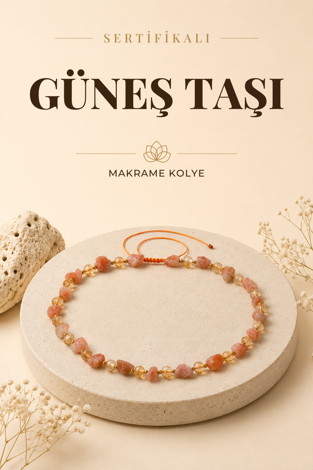 Sertifikalı Doğal Taş Güneş Taşı-SitrinNaturel Kesim Makrome Kolye ODT014