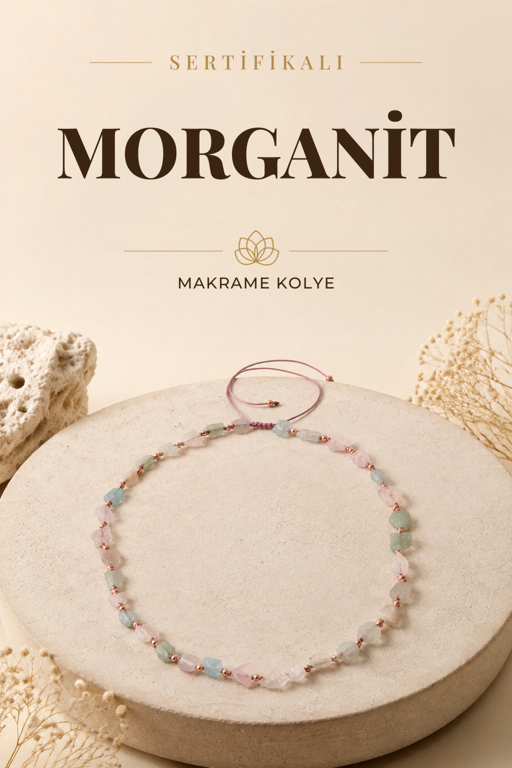 Sertifikalı Doğal Taş Morganit Naturel Kesim Makrome Kolye ODT013
