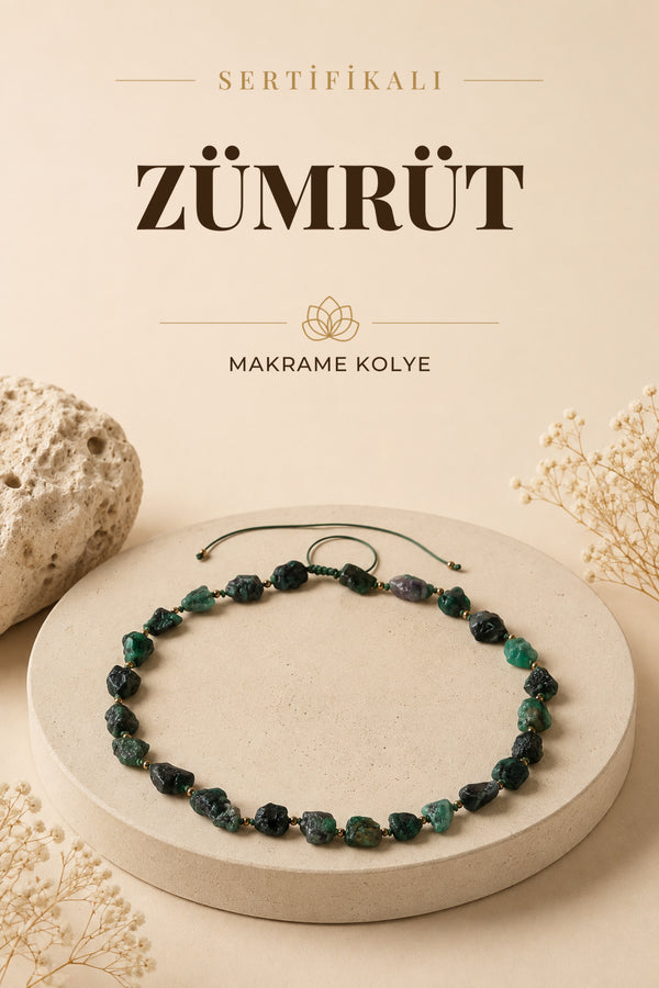 Sertifikalı Doğal Taş Zümrüt Naturel Kesim Makrome Kolye ODT012