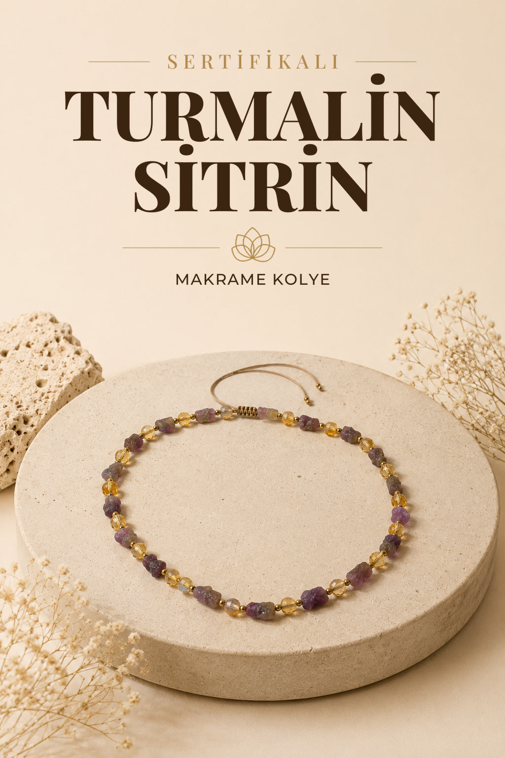 Sertifikalı Doğal Taş P. Turmalin-Sitrin Naturel Kesim Makrome Kolye ODT011