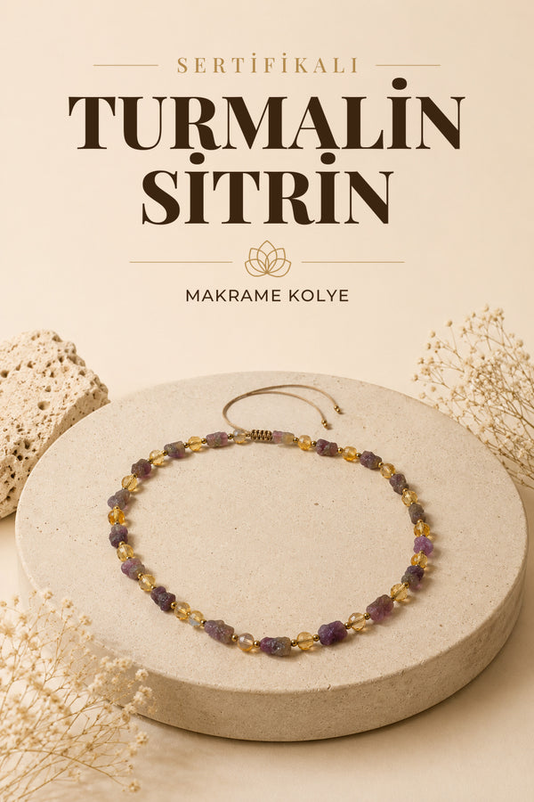Sertifikalı Doğal Taş P. Turmalin-Sitrin Naturel Kesim Makrome Kolye ODT011