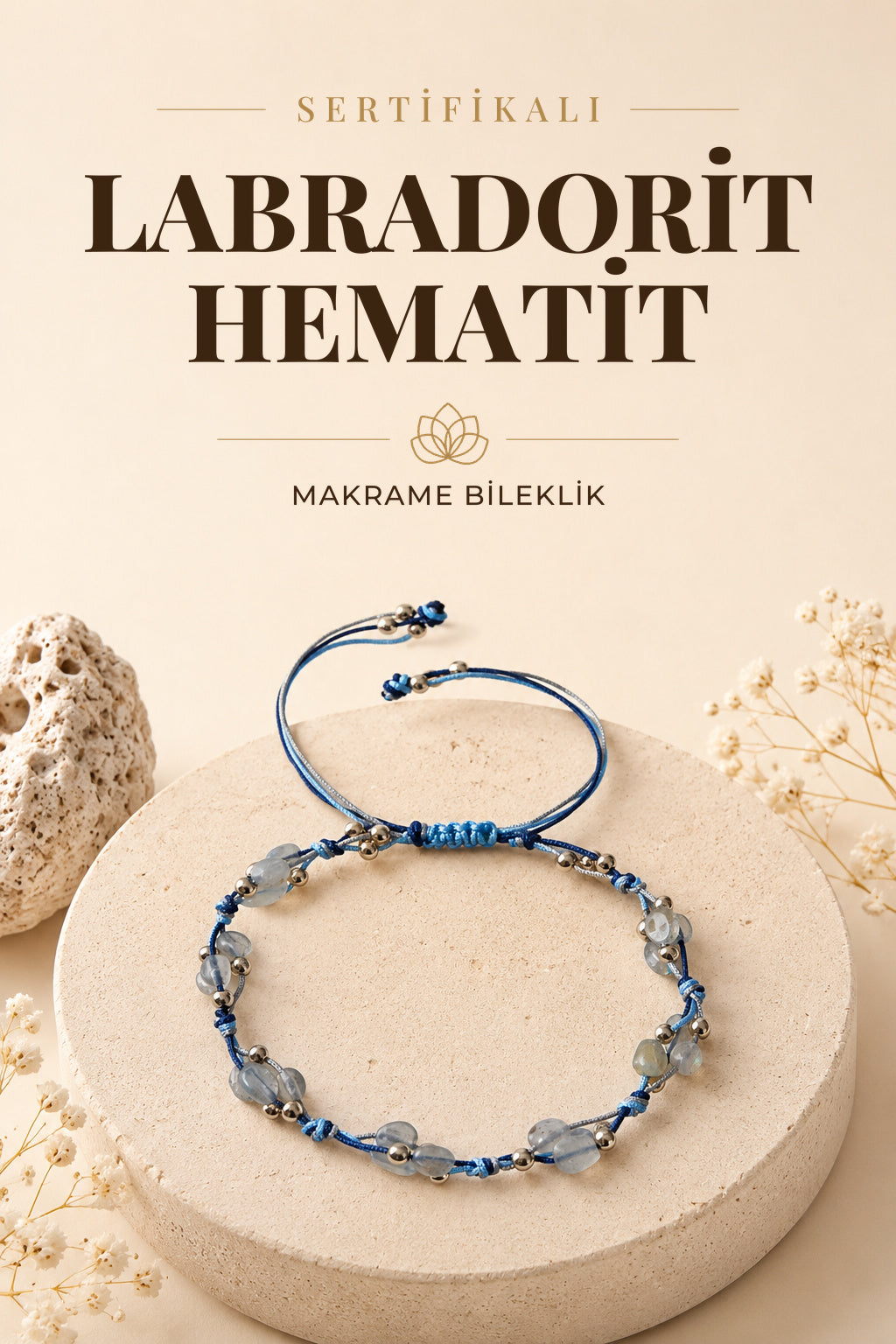 Sertifikalı Doğal Taş Labradorit-Hematit Naturel Kesim Makrome Bileklik ODT010
