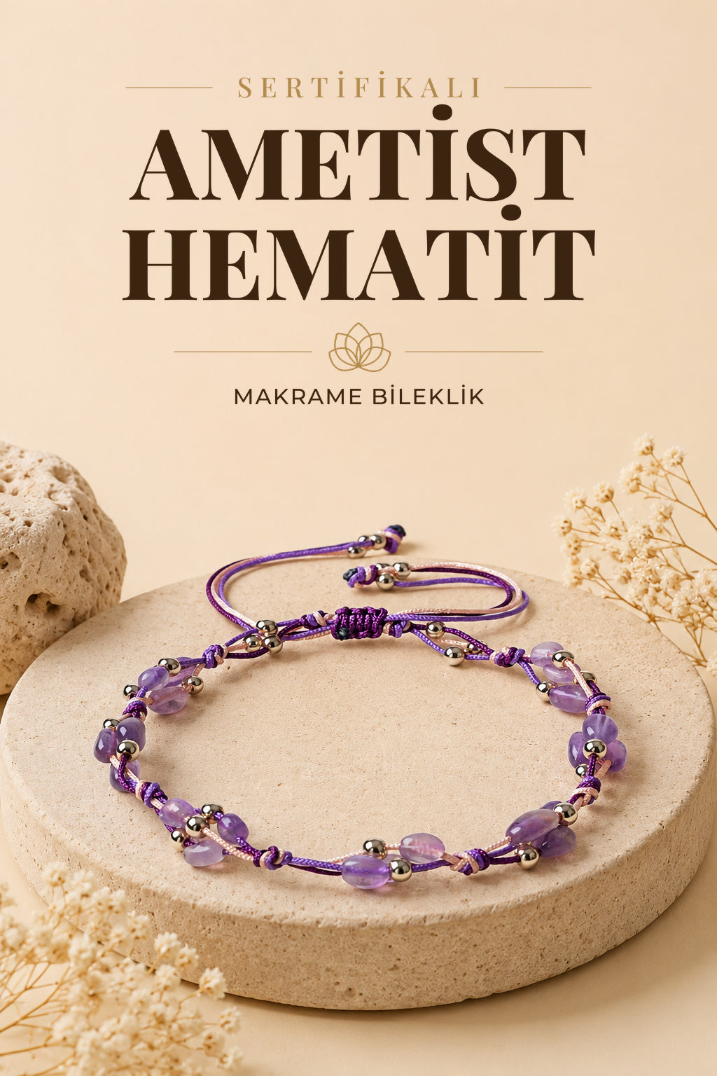 Sertifikalı Doğal Taş Ametist-Hematit Naturel Kesim Makrome Bileklik ODT009