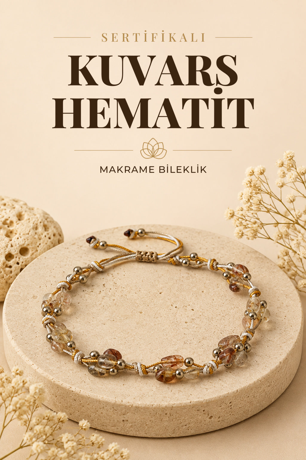 Sertifikalı Doğal Taş Altın Rutilli Kuavrs-Hematit Naturel Kesim Makrome Bileklik ODT008