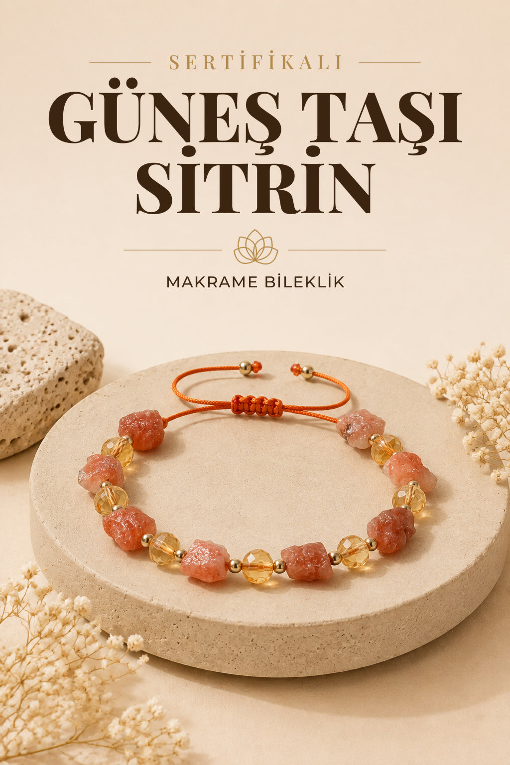 Sertifikalı Doğal Taş Güneş Taşı-Sitrin Naturel Kesim Makrome Bileklik ODT007