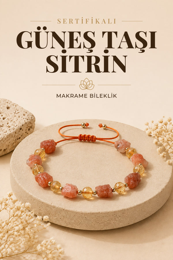 Sertifikalı Doğal Taş Güneş Taşı-Sitrin Naturel Kesim Makrome Bileklik ODT007