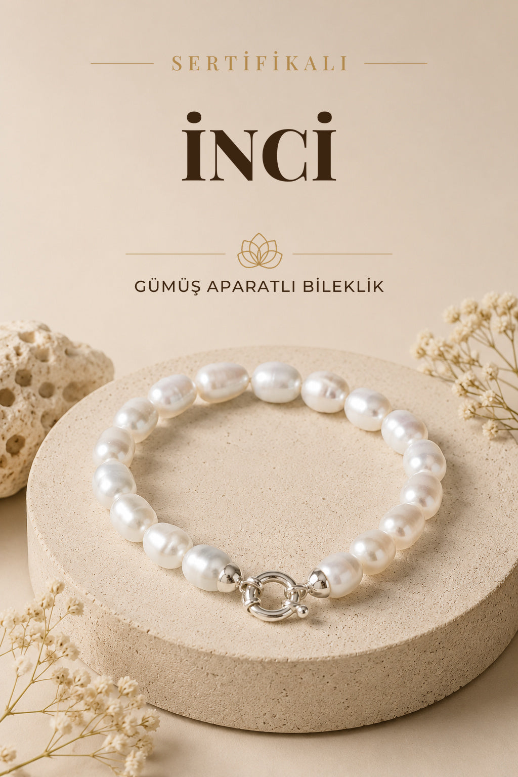 Sertifikalı Doğal Taş İnci Altın Kaplama 925 Ayar Gümüş Aparatlı Bileklik ODT006