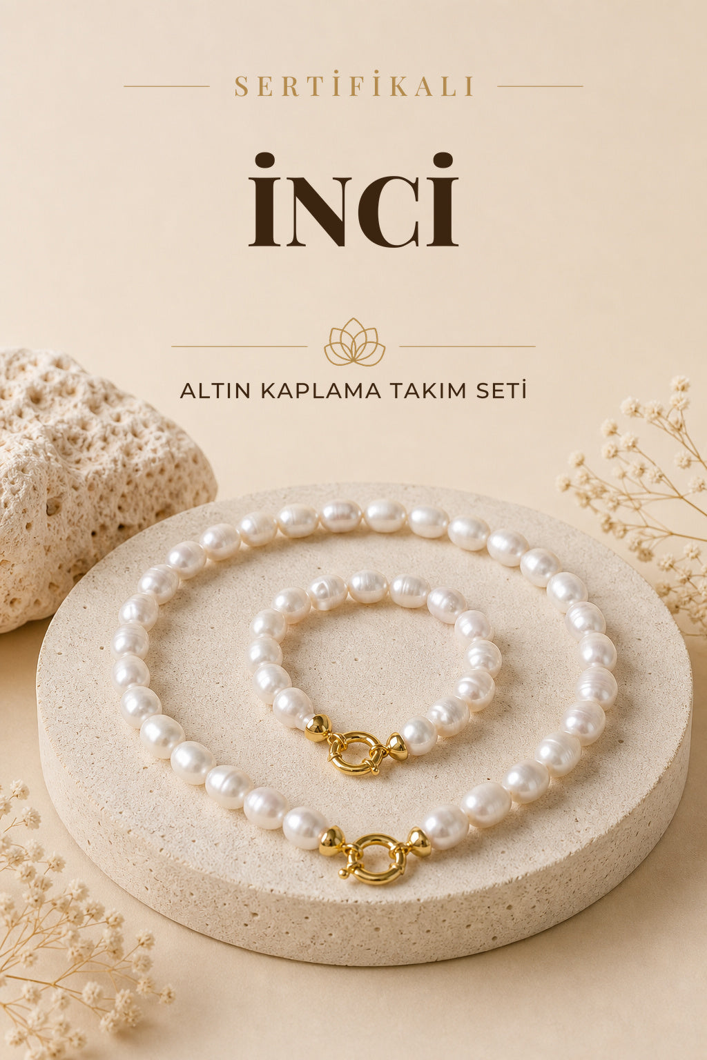 Sertifikalı Doğal Taş İnci Altın Kaplama 925 Ayar Gümüş Aparatlı Kolye&Bileklik Set ODT005