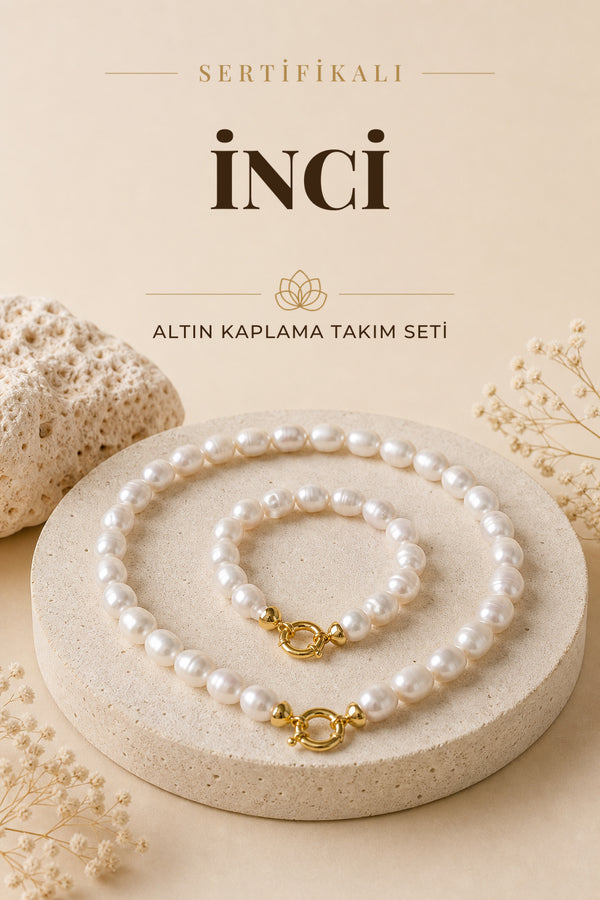 Sertifikalı Doğal Taş İnci Altın Kaplama 925 Ayar Gümüş Aparatlı Kolye&Bileklik Set ODT005