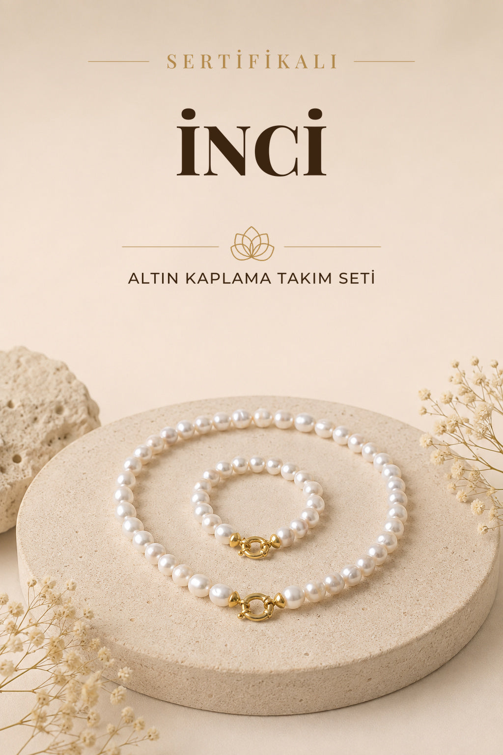 Sertifikalı Doğal Taş İnci Altın Kaplama 925 Ayar Gümüş Aparatlı Kolye&Bileklik Set ODT004