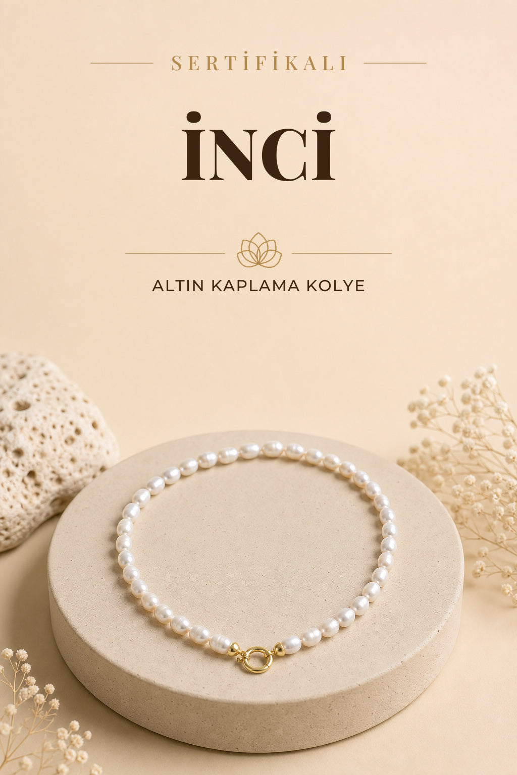 Sertifikalı Doğal Taş İnci Altın Kaplama 925 Ayar Gümüş Aparatlı Kolye ODT003