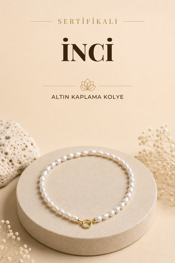 Sertifikalı Doğal Taş İnci Altın Kaplama 925 Ayar Gümüş Aparatlı Kolye ODT003