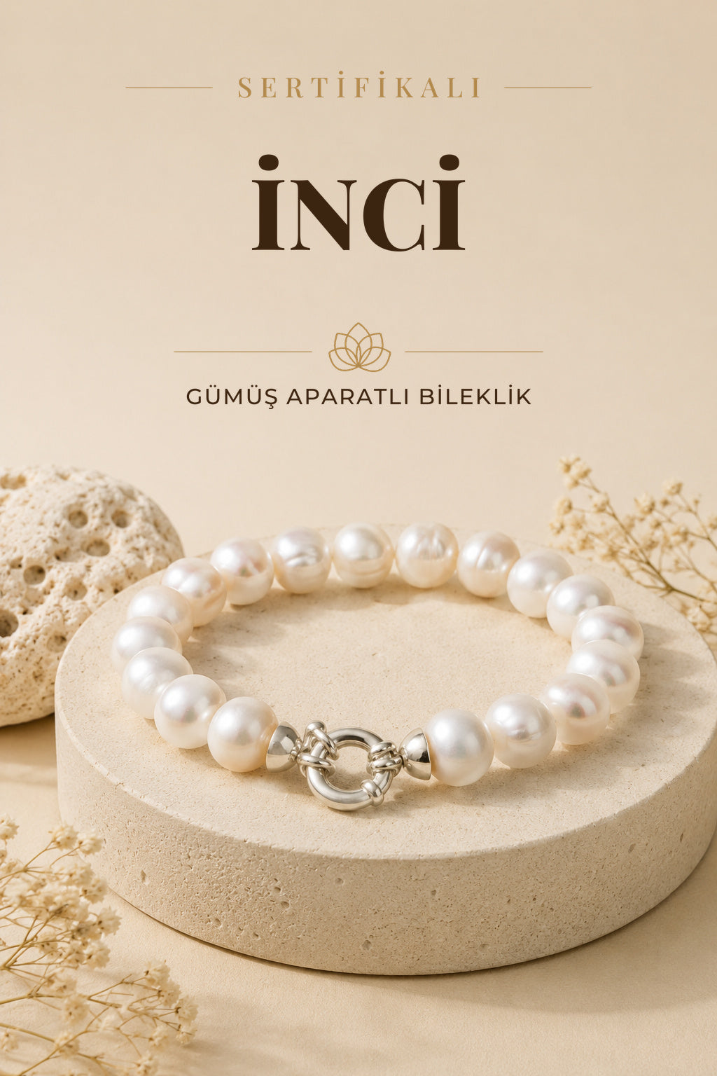 Sertifikalı Doğal Taş İnci Altın Kaplama Gümüş Aparatlı Bileklik ODT002