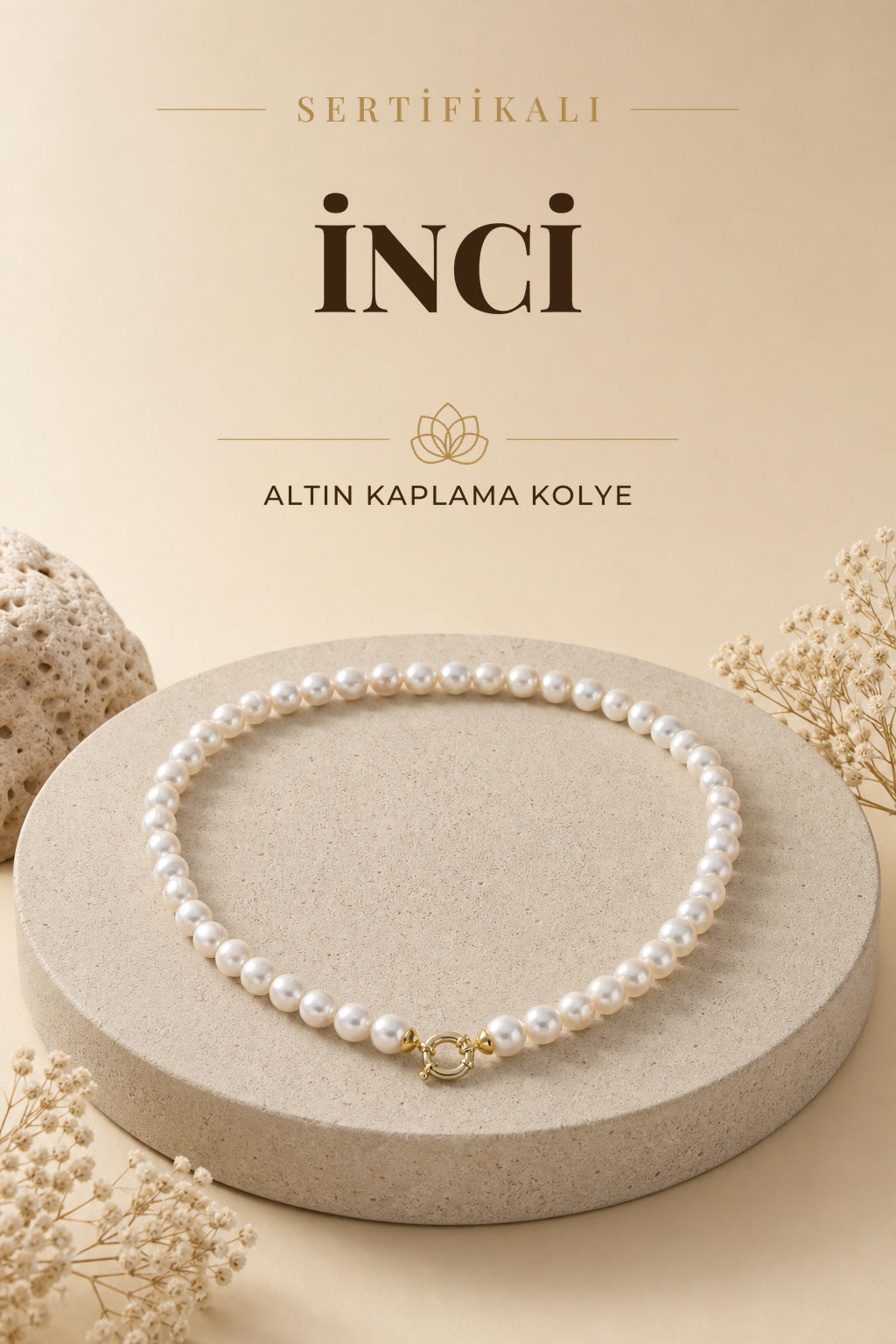 Sertifikalı Doğal Taş İnci Altın Kaplama 925 Ayar Gümüş Aparatlı Kolye ODT001