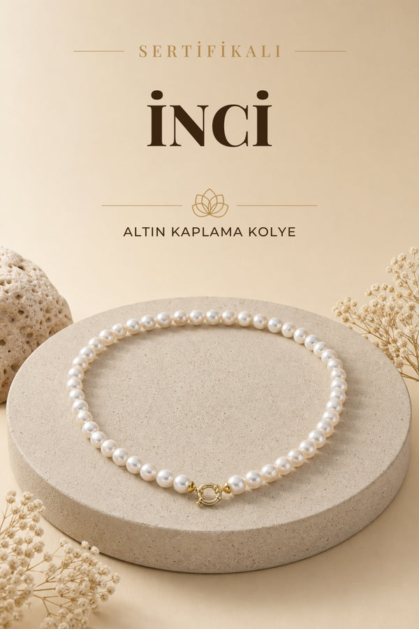 Sertifikalı Doğal Taş İnci Altın Kaplama 925 Ayar Gümüş Aparatlı Kolye ODT001