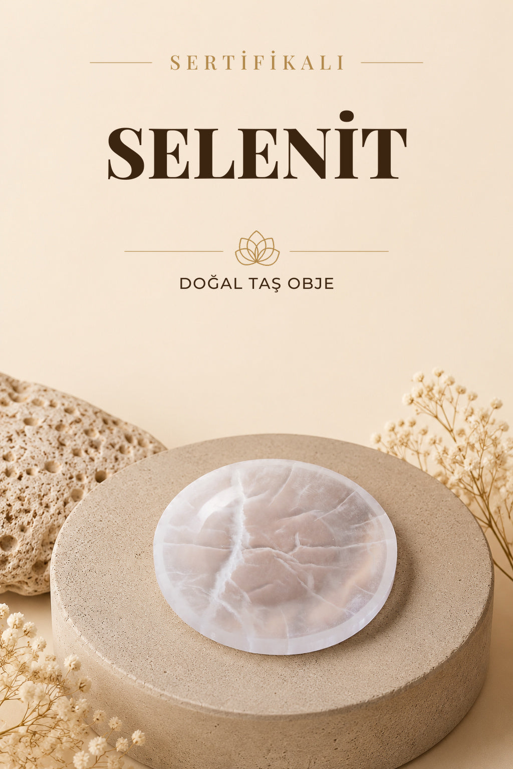 Sertifikalı Selenit Doğal Taş Yuvarlak Tabak No:6 P086