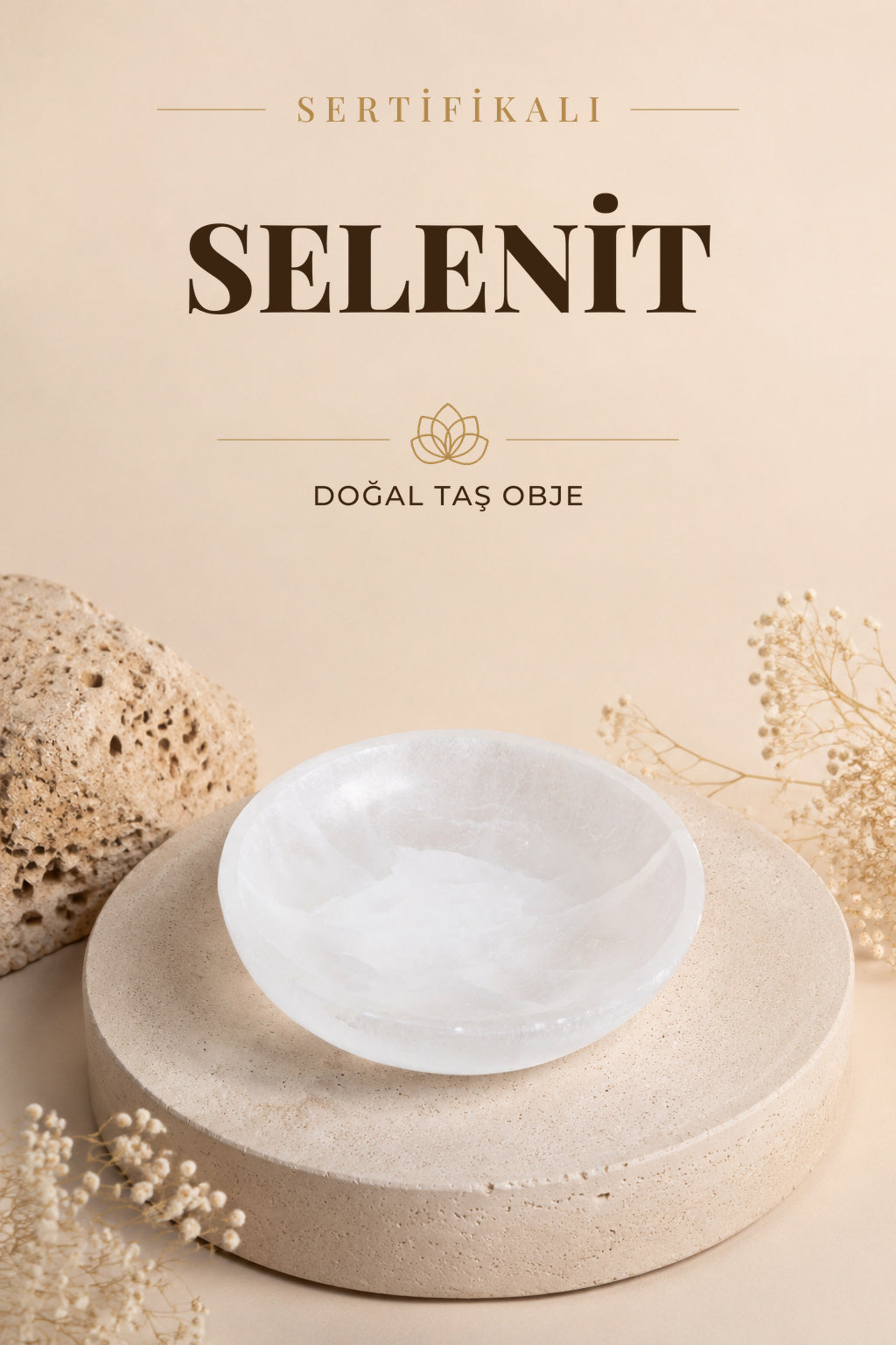 Sertifikalı Selenit Doğal Taş Yuvarlak Tabak No:5 P084