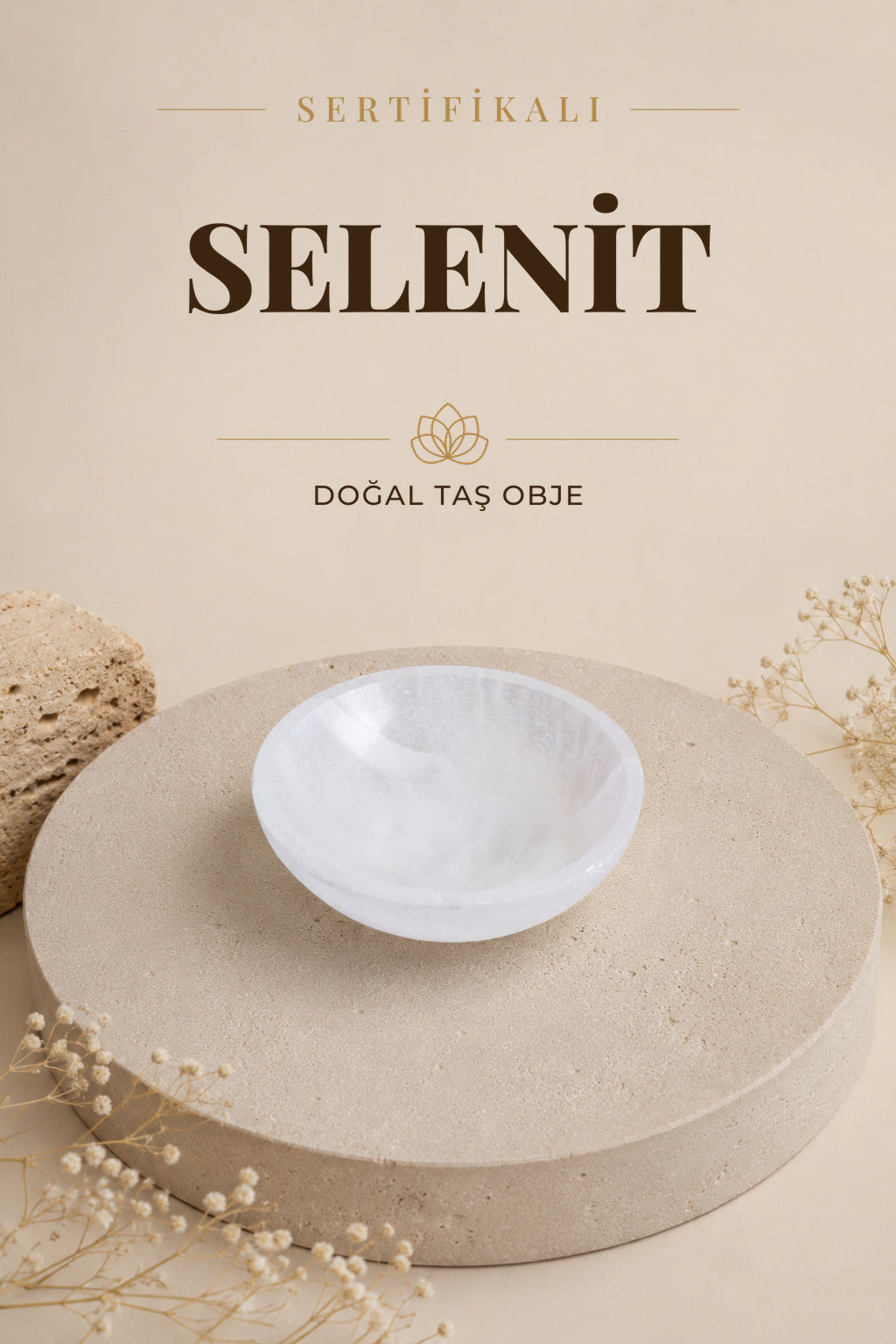 Sertifikalı Selenit Doğal Taş Yuvarlak Tabak No:4 P083