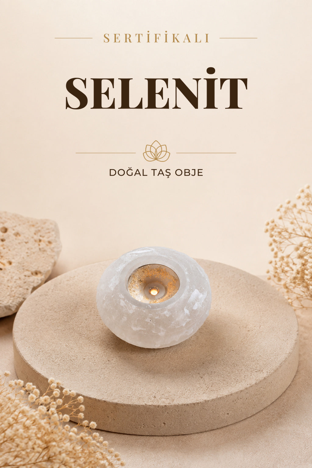 Sertifikalı Selenit Doğal Taş Dekorafit Mumluk P079