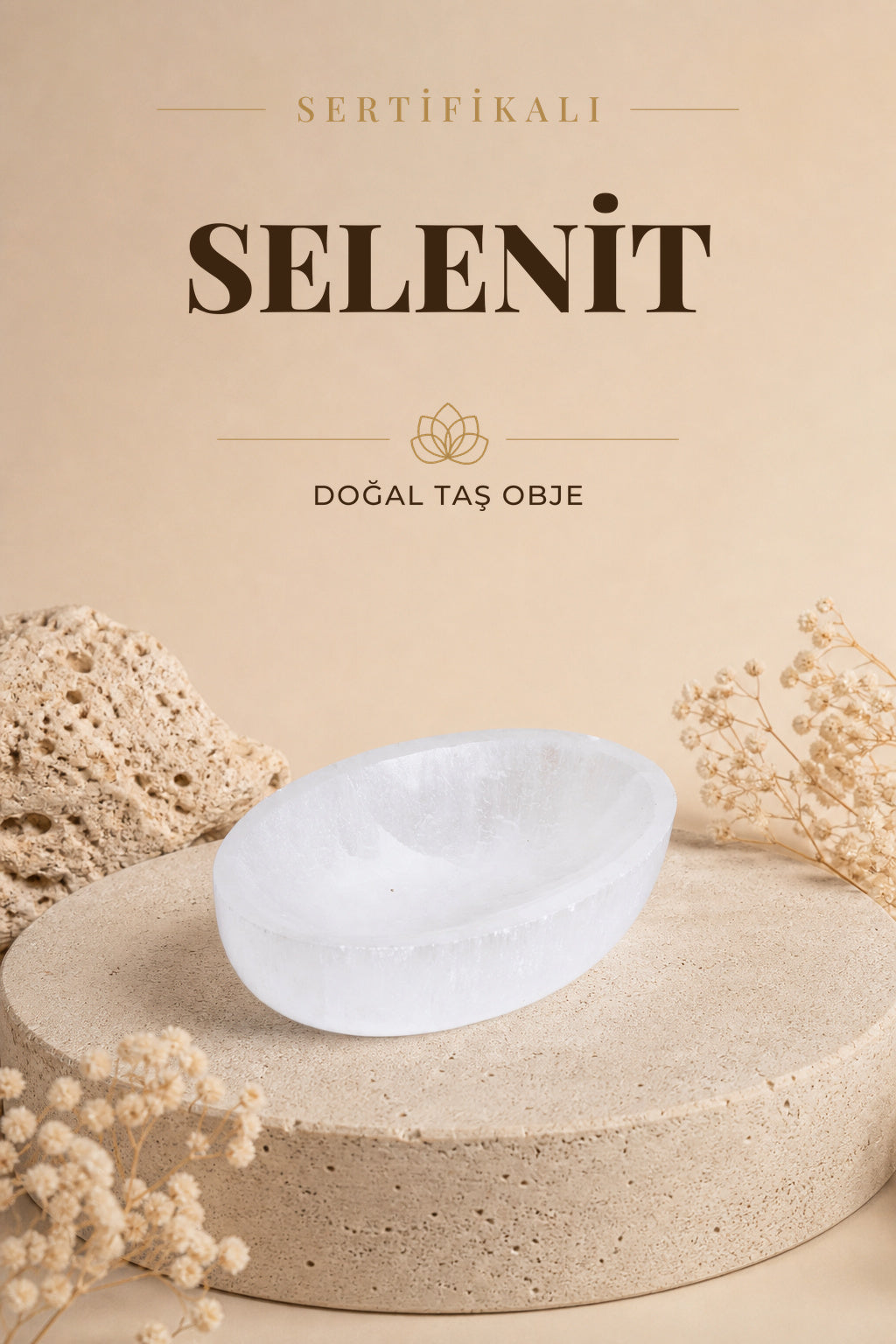 Sertifikalı Selenit Doğal Taş Elips Tabak No:6 P078