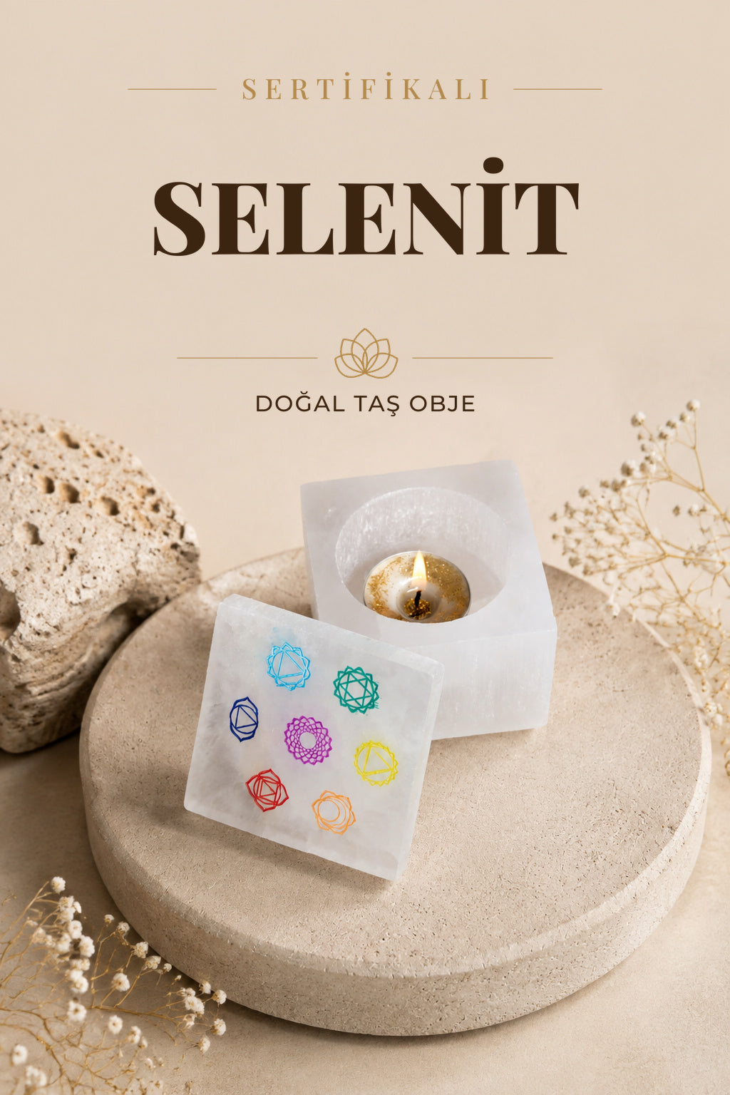 Sertifikalı Selenit Doğal Taş Yuvarlak Çakra Kutu P072