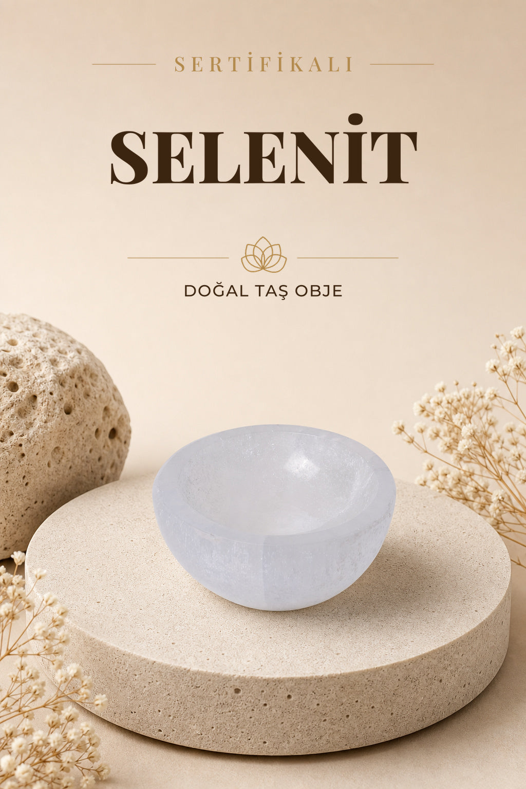 Sertifikalı Selenit Doğal Taş Yuvarlak Tabak No:3 P062