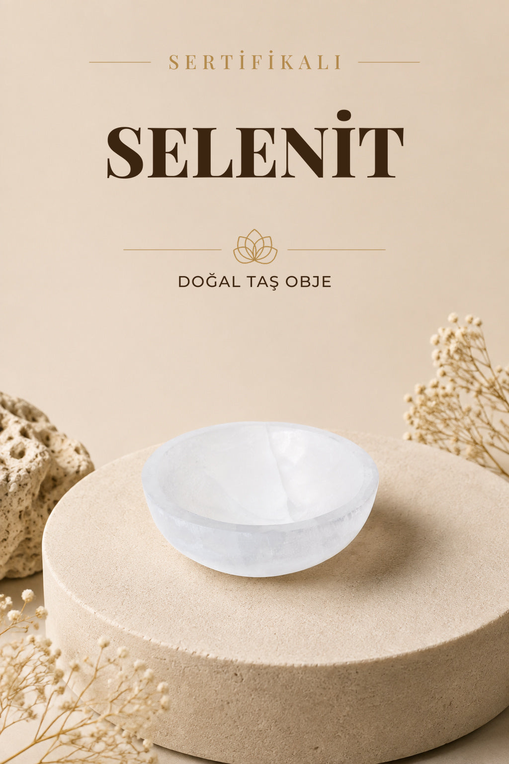 Sertifikalı Selenit Doğal Taş Yuvarlak Tabak No:1 P060