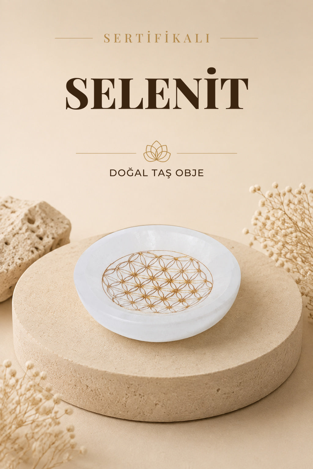 Sertifikalı Selenit Altın İşlemeli Doğal Taş Tabak P056