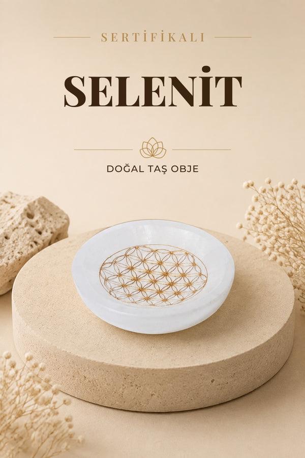 Sertifikalı Selenit Altın İşlemeli Doğal Taş Tabak P056