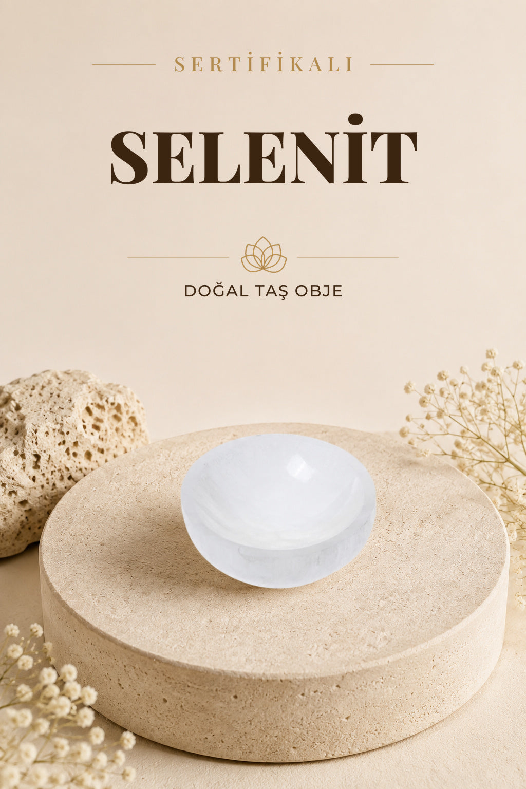 Sertifikalı Selenit Doğal Taş Yuvarlak Tabak No:1 P055