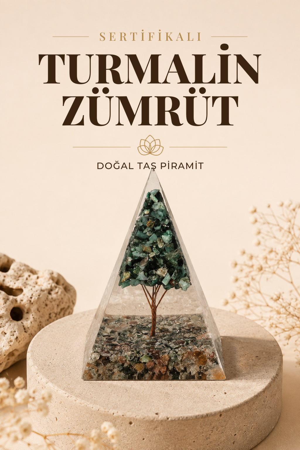 Sertifikalı Turmalin-Zümrüt Doğal Taş Piramit P035