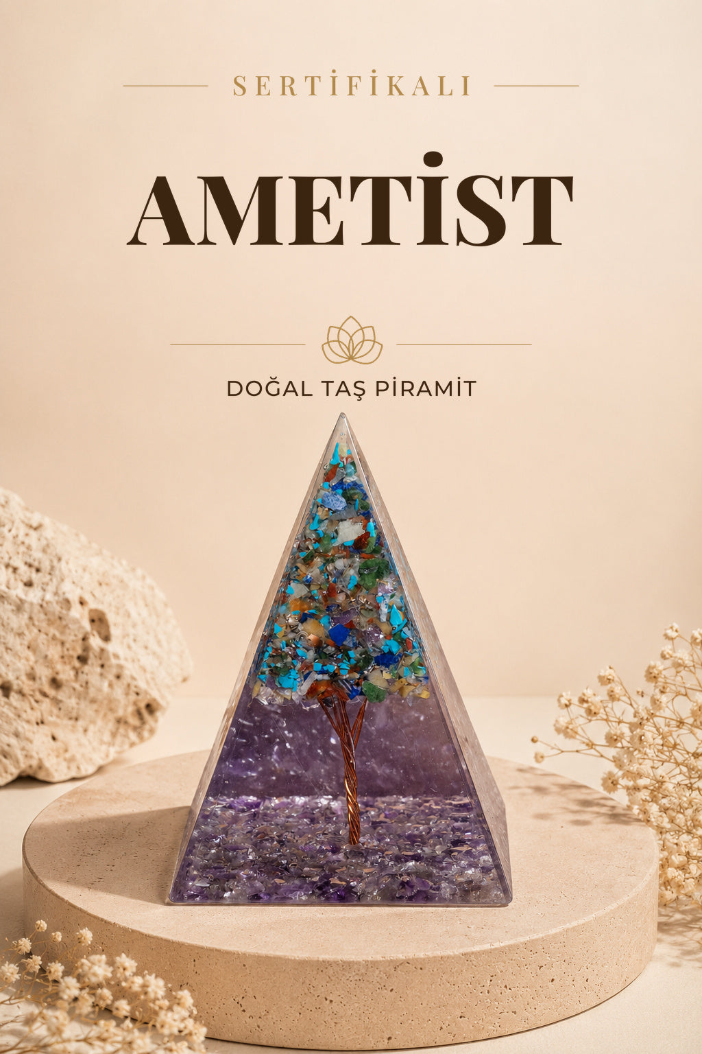 Sertifikalı Ametist-Genel Çakra Doğal Taş Piramit P033