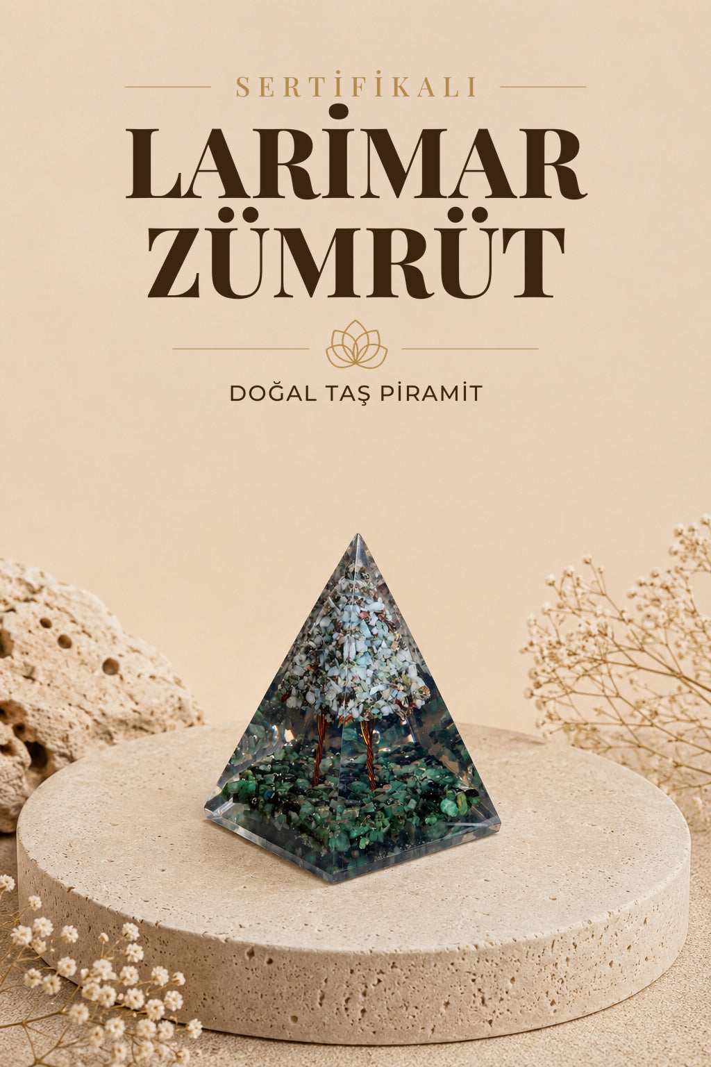 Sertifikalı Larimar-Zümrüt Doğal Taş Piramit P030
