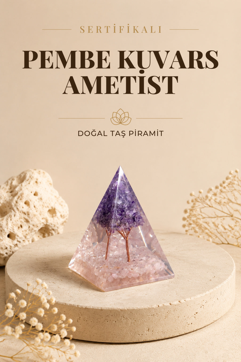 Sertifikalı Pembe Kuvars-Ametist Doğal Taş Piramit P029