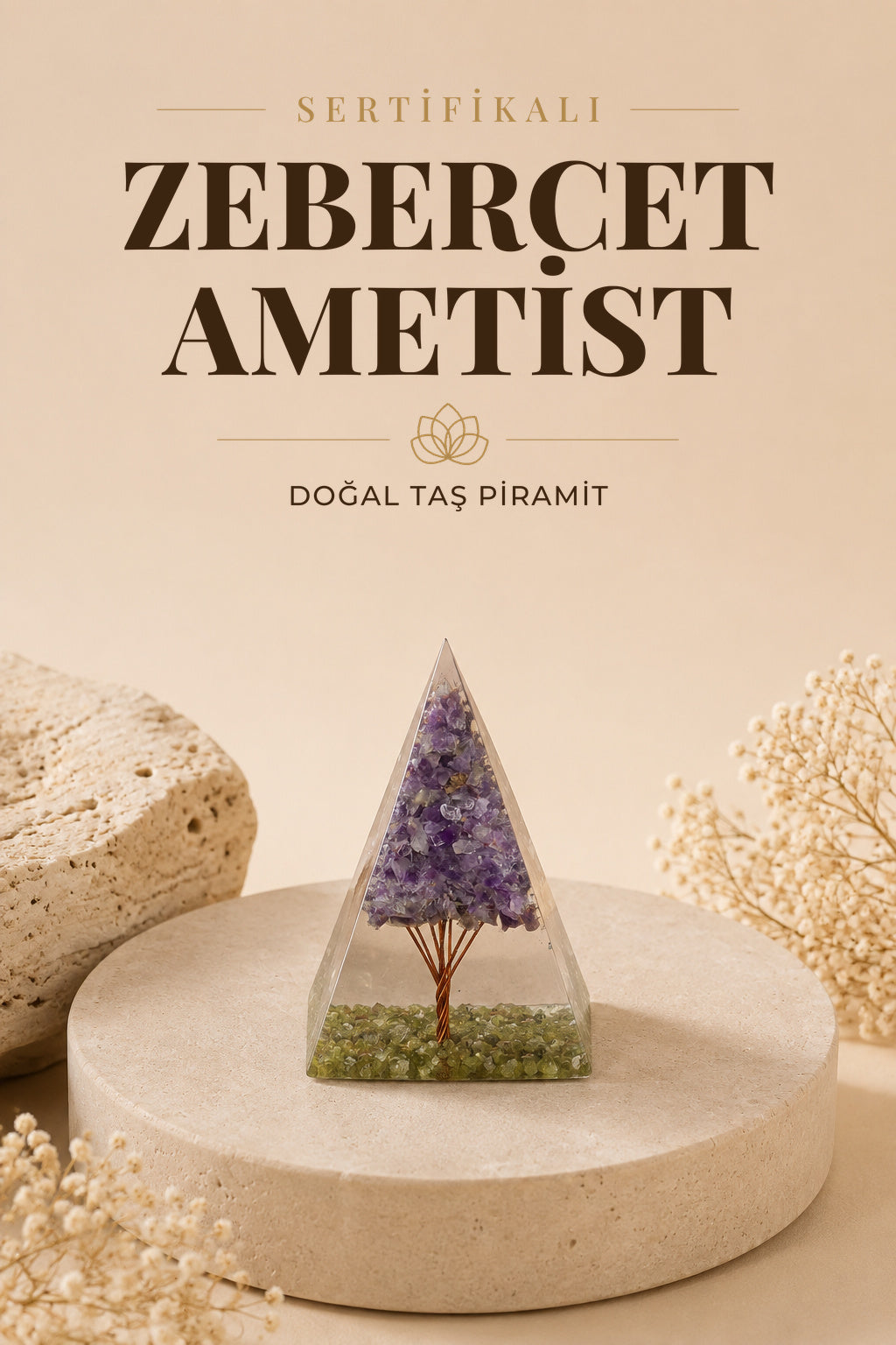 Sertifikalı Zebercet-Ametist Doğal Taş Piramit No:1 P027