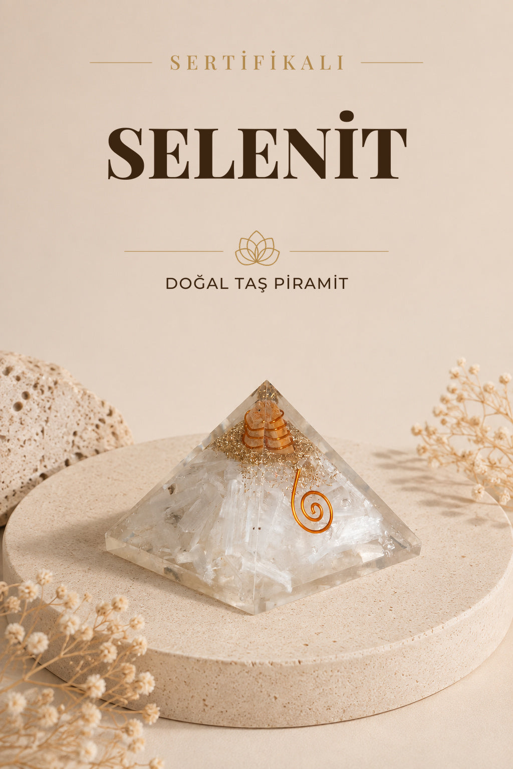 Sertifikalı Selenit Doğal Taş Piramit P015