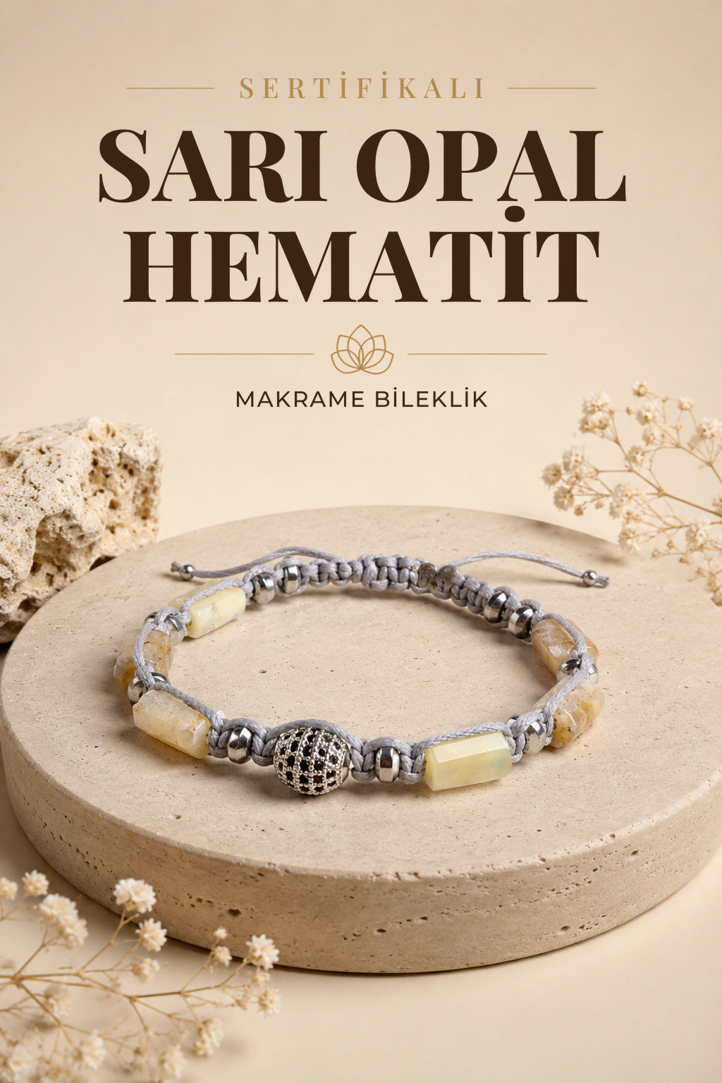 SERTİFİKALI Sarı Opal-Hematit Doğal Taş Makrome Ayarlanabilir Zirkon Aparatlı Bileklik